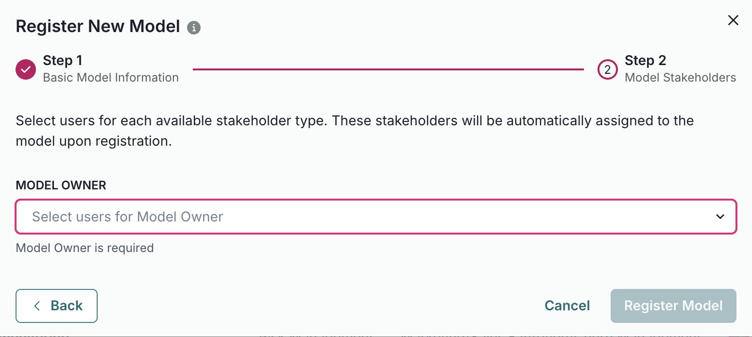 A screenshot showing the model stakeholder selection step