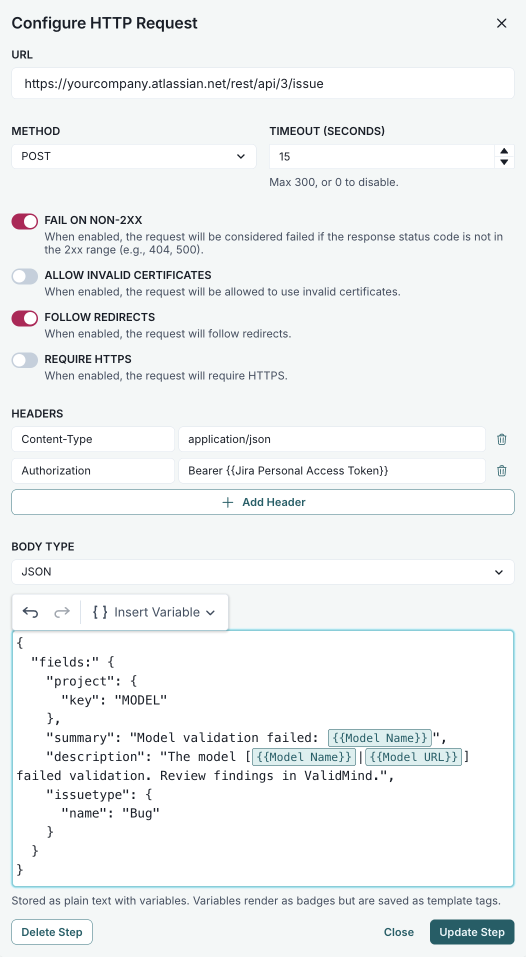 Screenshot of the HTTP request step configured to create a Jira ticket, showing the required fields described in step 4.