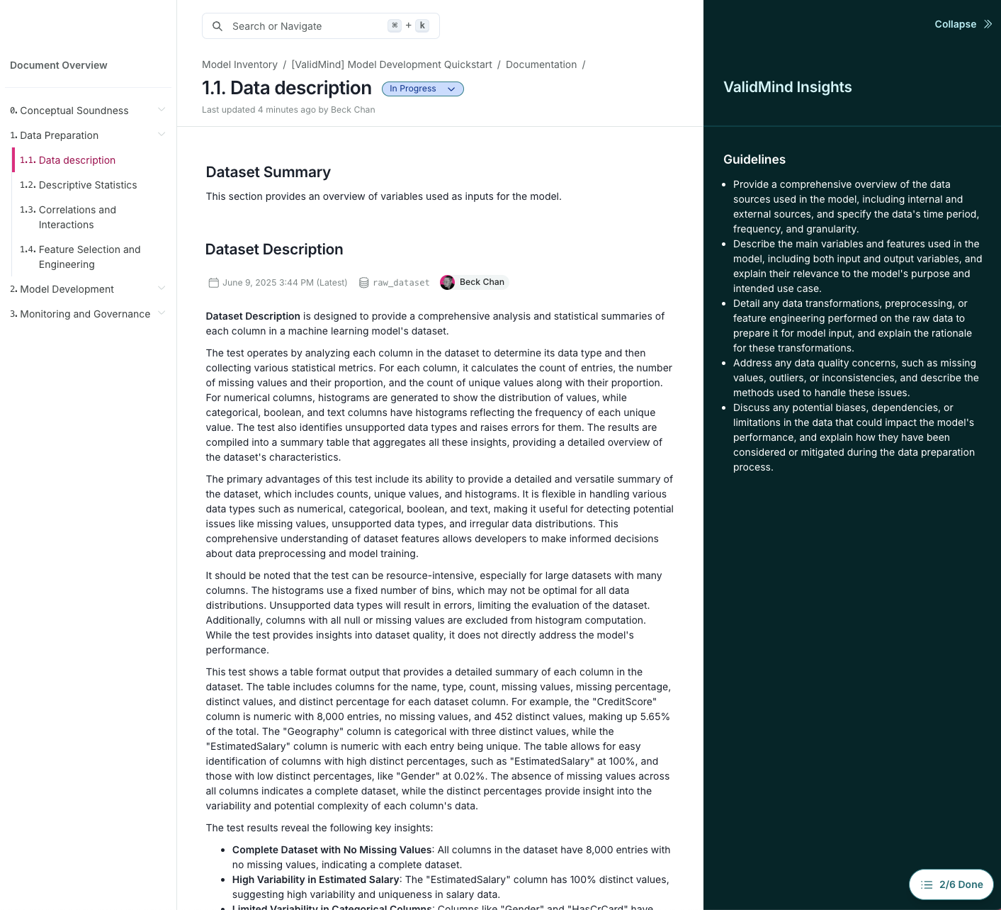 A screenshot showing populated model documentation section with the ValidMind Insights™ panel open