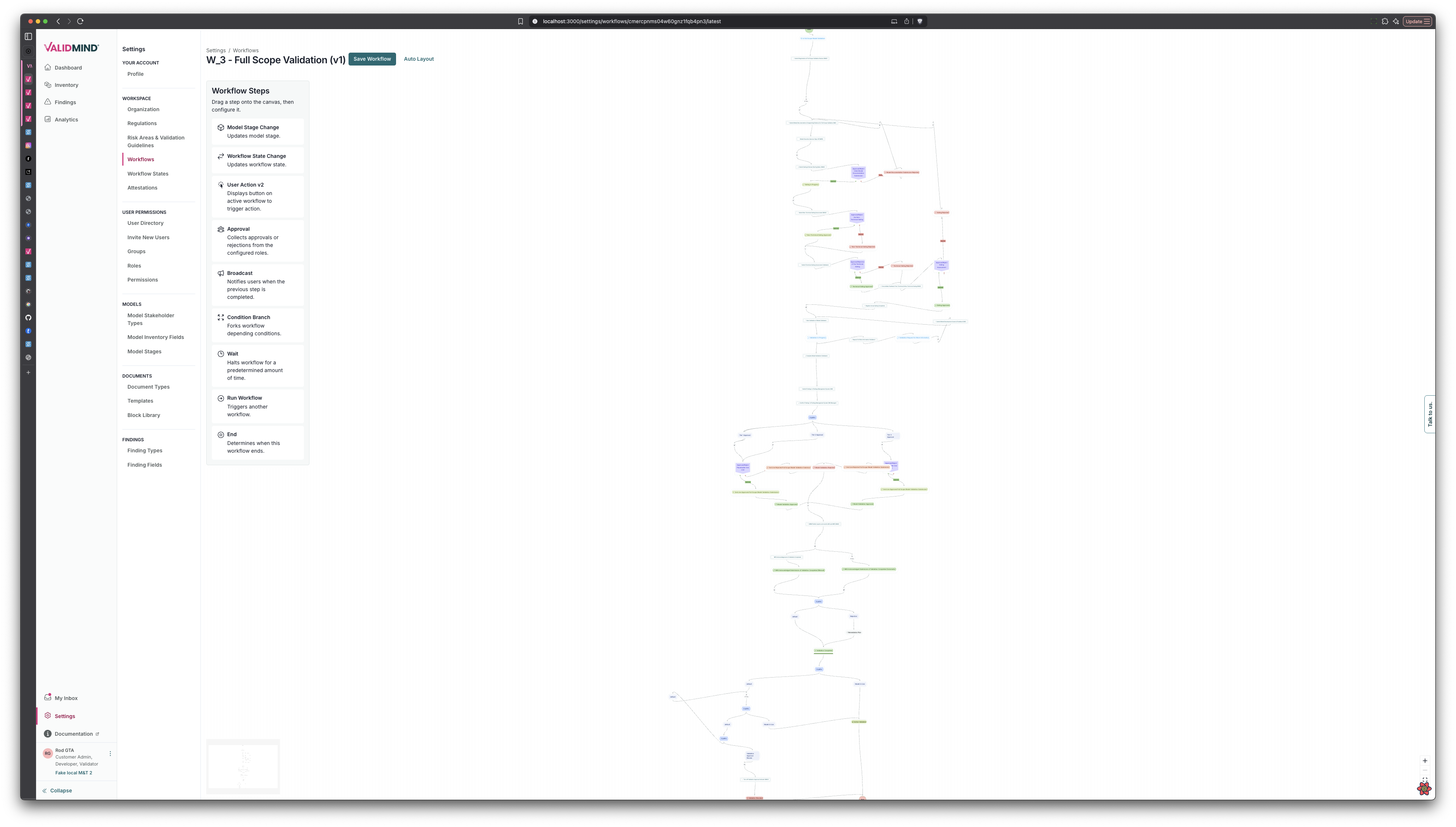 A flowchart diagram displayed on a white background, showing a complex network of interconnected nodes and pathways. The nodes are color-coded in blue, green, red, and purple, each connected by lines indicating the flow or relationship between them. On the left side, a sidebar menu titled Lucidchart includes options like File, Edit, View, and Insert, with a highlighted section labeled Model Settings. At the top, a header bar contains the document title IL-2 - All Steps Validation with a green Published status indicator. The layout emphasizes the central flowchart, with the sidebar and header providing navigation and document information.