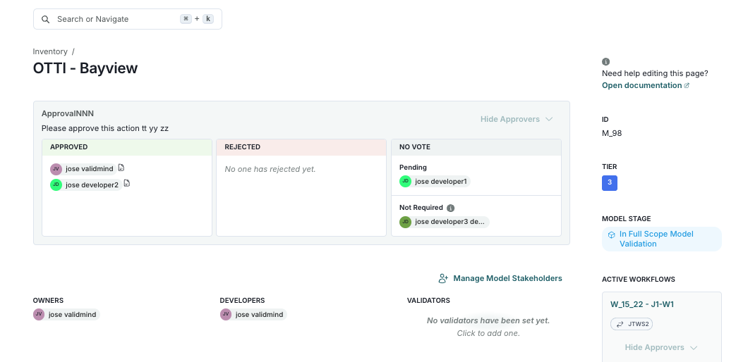 A dashboard interface titled Inventory OTTI - Bayview displays approval status with two main sections: Approved and Rejected. The Approved section contains a list with a user named jose valdimirini, while the Rejected section states that no one has rejected yet. To the right, a Pending section shows jose developer1, and a Not Required section lists jose developer2. The right sidebar includes details such as ID M_98, Type Model Stage, and a link to In Full Scope Model Validation. Below, there are sections for Owners, Developers, and Validators, with placeholders indicating no validators have been set yet.