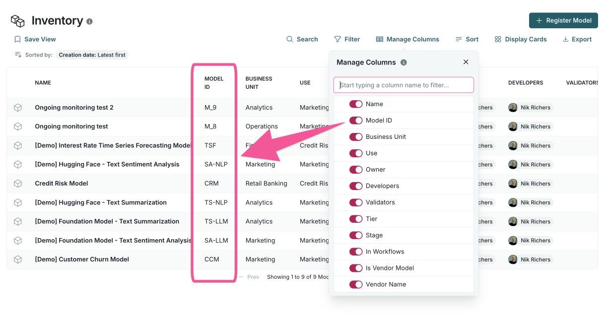 A screenshot showing the Model ID column in the inventory.