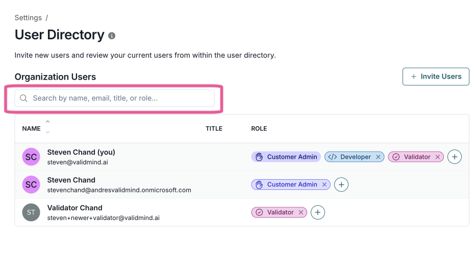 Settings page titled User Directory displaying a table of organization users. The table includes columns for Name, Title, and Role, with three user entries listed. Each entry shows a circular user icon with initials, the user's name, email, and role badges such as Customer Admin, Developer, and Validator in various colors like blue, purple, and pink. A search bar at the top allows filtering by name, email, title, or role, and there is an Invite Users button on the right. The interface uses a clean layout with a white background and light gray dividers.