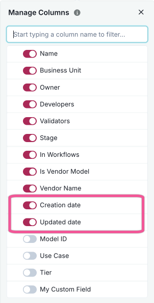 A screenshot of the Manage Columns dialog. The dialog includes a dropdown menu for selecting the columns to display in the table.