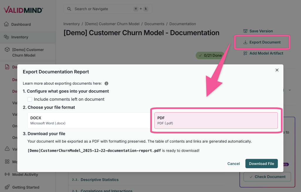 A screenshot of the ValidMind platform showing a report export dialog with options to export a single document as PDF. The dialog includes a dropdown menu to select the document type, a checkbox to include comments, and a button to download the exported document.