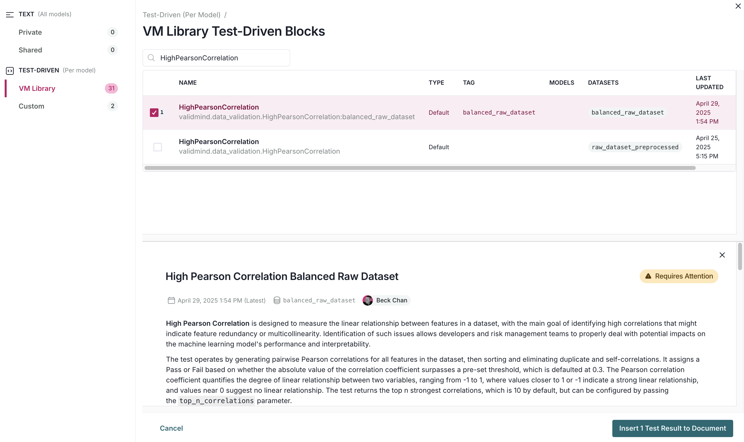 A screenshot showing several test-driven blocks that have been selected for insertion