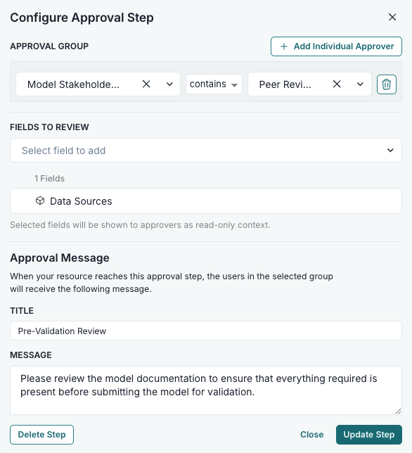 A screenshot showing an example Approval configuration modal