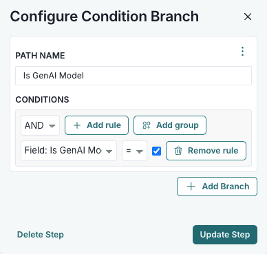 A screenshot showing an example Condition Branch configuration modal