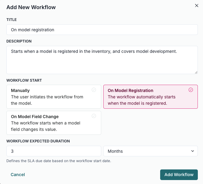 A screenshot showing the modal for adding a workflow that initiates on model registration