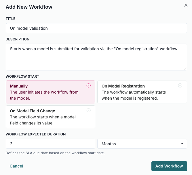 A screenshot showing the modal for adding a workflow that initiates on model validation