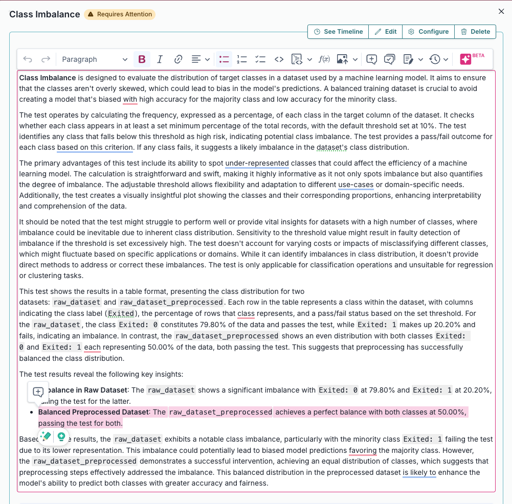 Screenshot showing the ClassImbalance test generated description in the text editor