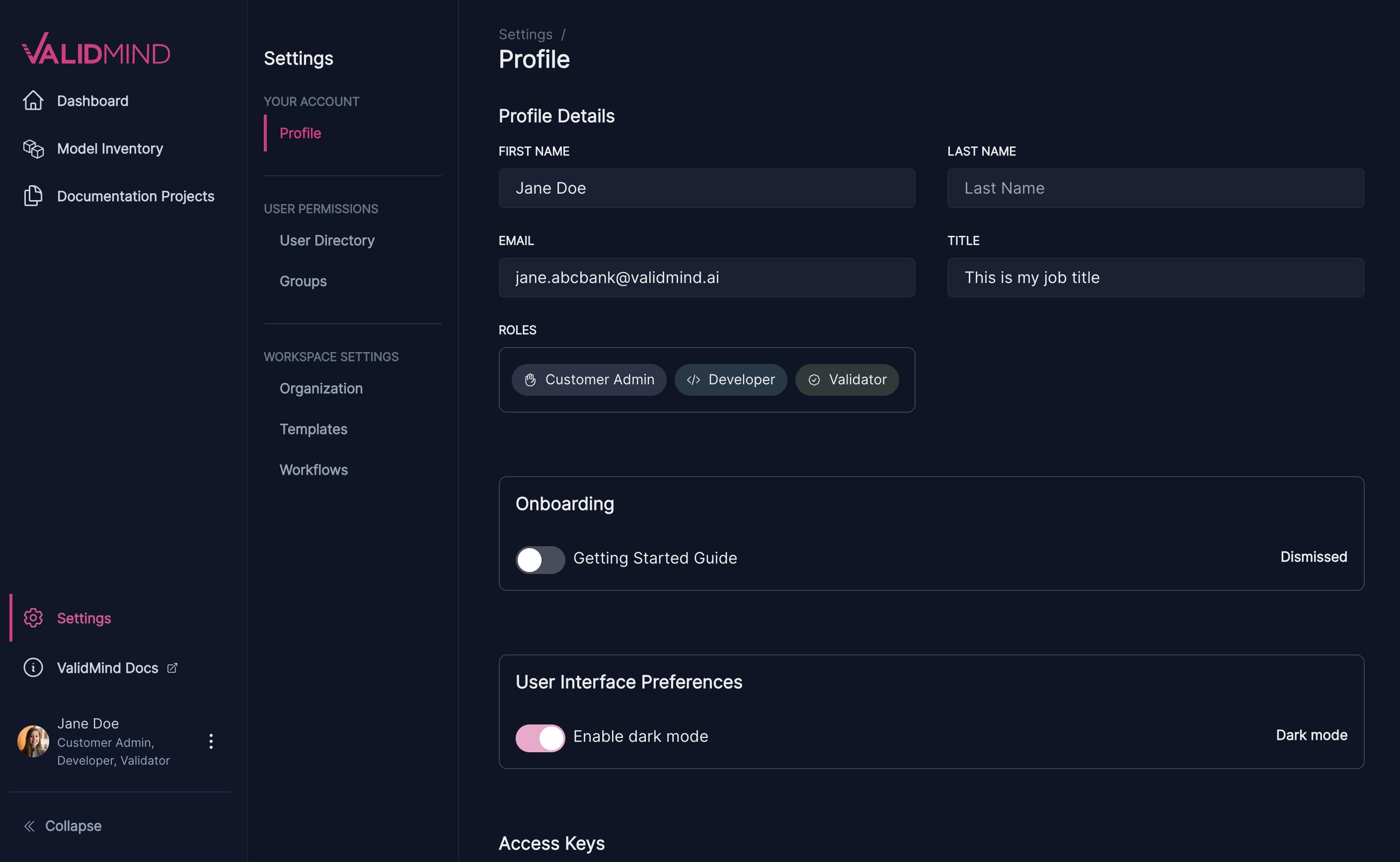 The ValidMind Platform in dark mode
