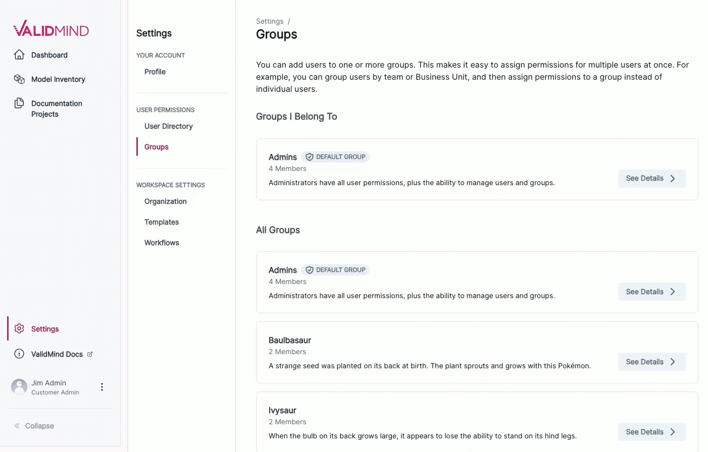 An animated gif showcasing how to manage groups under Settings > Groups