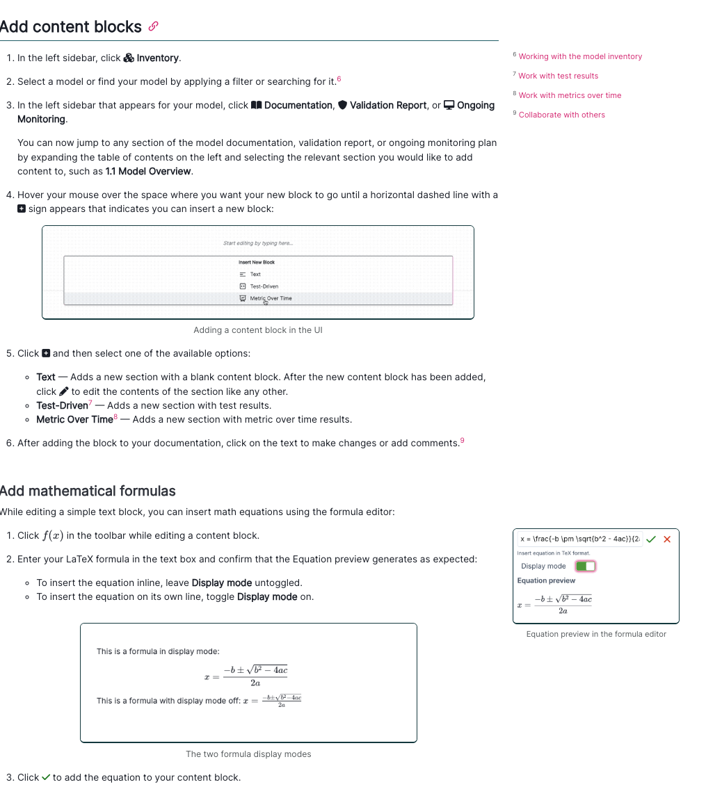 A webpage interface titled Add content blocks and add mathematical formulas with instructional text and visual examples. The left sidebar contains a list with options like Inventory and Model library. The main content area includes step-by-step instructions for adding content blocks, with numbered steps and bullet points. A visual example shows a block with a plus icon and a dashed line, labeled Adding a content block in the UI. Below, instructions for adding mathematical formulas are provided, with a visual example of a formula editor showing LaTeX input and a preview, labeled The two formula display modes. The interface uses a clean layout with black text on a white background and highlighted pink links.