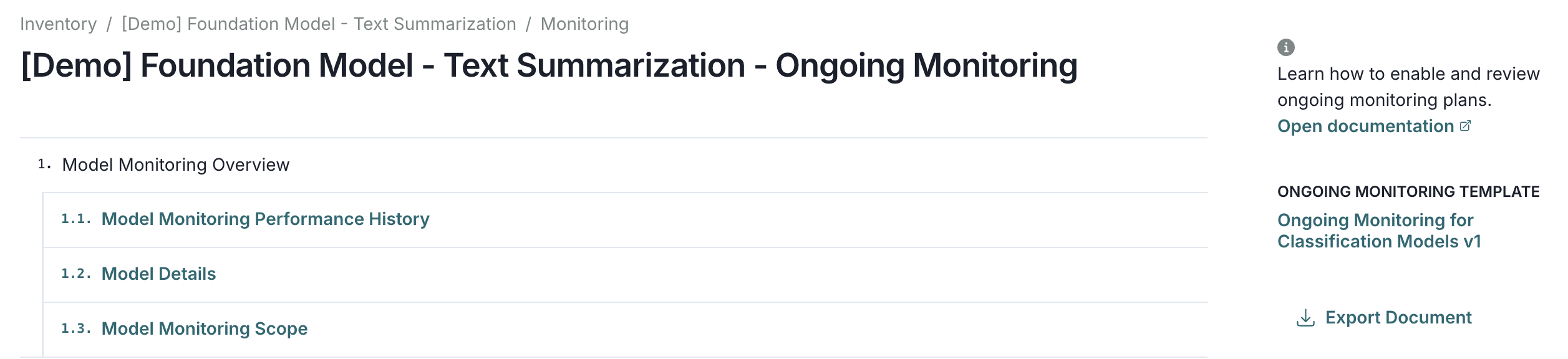 A webpage interface displaying a section titled Foundation Model - Text Summarization - Ongoing Monitoring. On the left, there is a list titled Model Monitoring Overview with three links: Model Monitoring Performance History, Model Details, and Model Monitoring Scope. On the right, there is a sidebar with a Learn how to enable and review ongoing monitoring plans section, followed by a link labeled Open documentation. Below, there is a section titled Ongoing Monitoring Template with a link to Ongoing Monitoring for Classification Models v1 and an Export Document button. The layout uses a clean, minimal design with a white background and blue text for links.