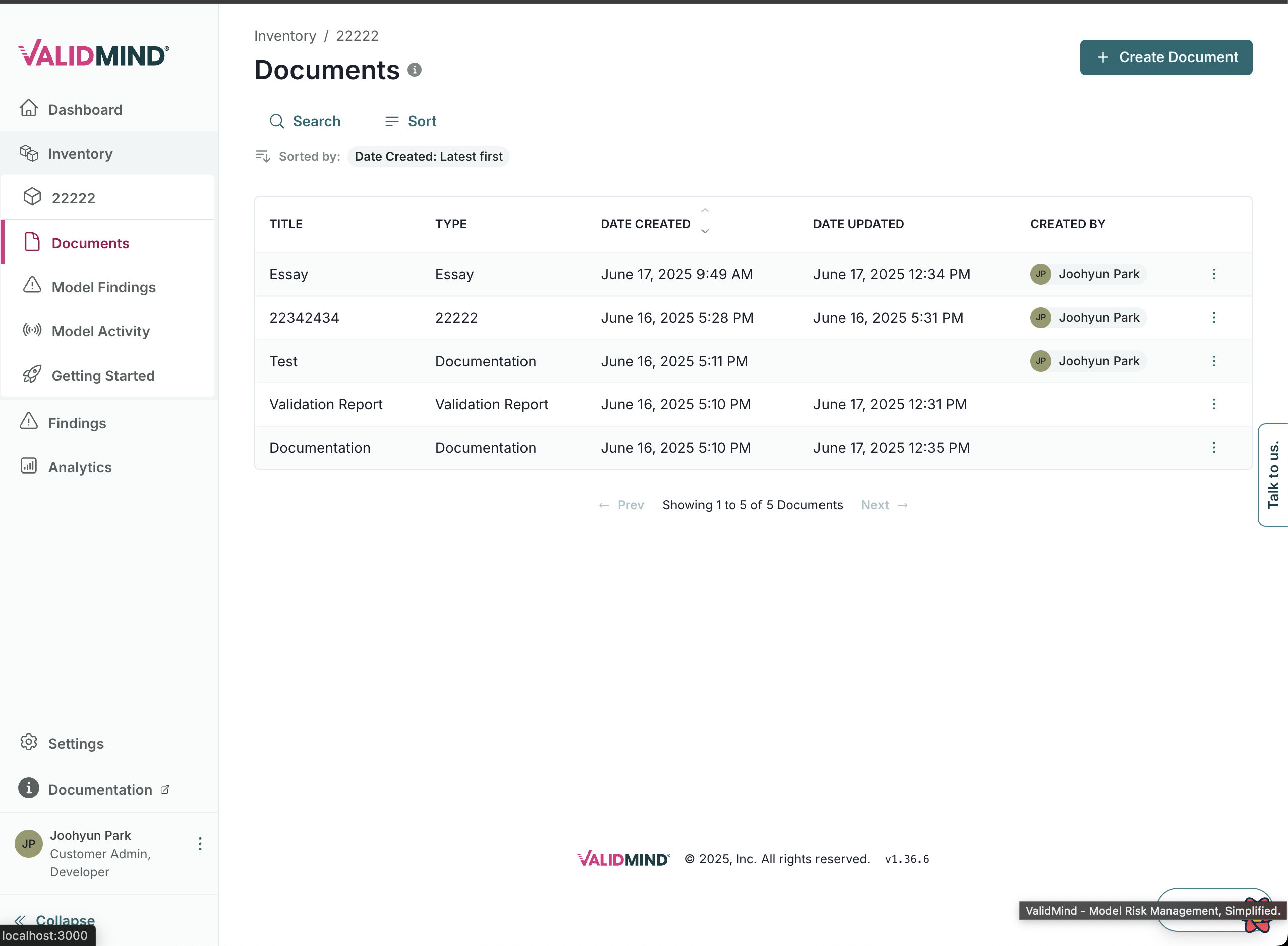 A web interface titled Documents displays a list of document entries in a table format. The table includes columns for Title, Type, Date Created, Date Updated, and Created By, with entries such as Essay and Test, and dates in June 2025. The Created By column lists the name Jobunyn Park. Above the table, there are options to search and sort, with sorting set to Date Created: Latest First. A green Create Document button is located in the top right corner. The left sidebar contains navigation links including Dashboard, Inventory, Documents, Model Activity, Settings, and Feedback, with Documents highlighted in red.