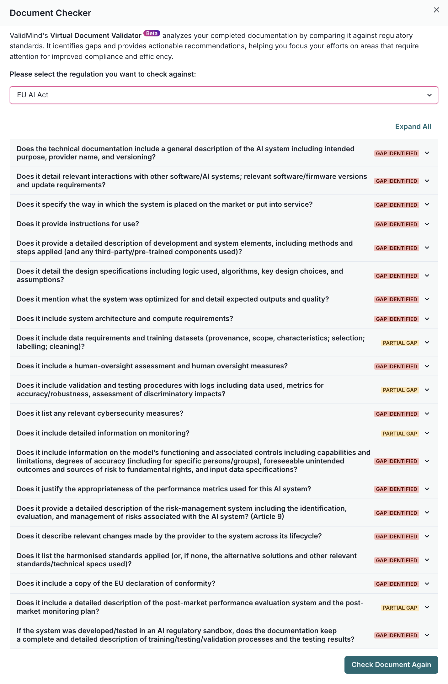 A document validation interface titled Document Checker is displayed with a dropdown menu at the top for selecting a regulation, currently set to EU AI Act. Below, there is a list of questions related to the AI system, each with a red label marked Important next to them. Each question has a toggle button labeled Expand All at the top right, allowing users to view more details. The questions cover topics such as technical documentation, interactions with other systems, and design specifications. At the bottom right, there is a green button labeled Check Document Again.