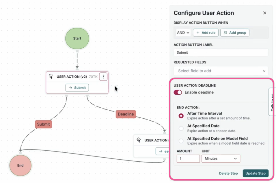 A screenshot of a user action deadline in a workflow.