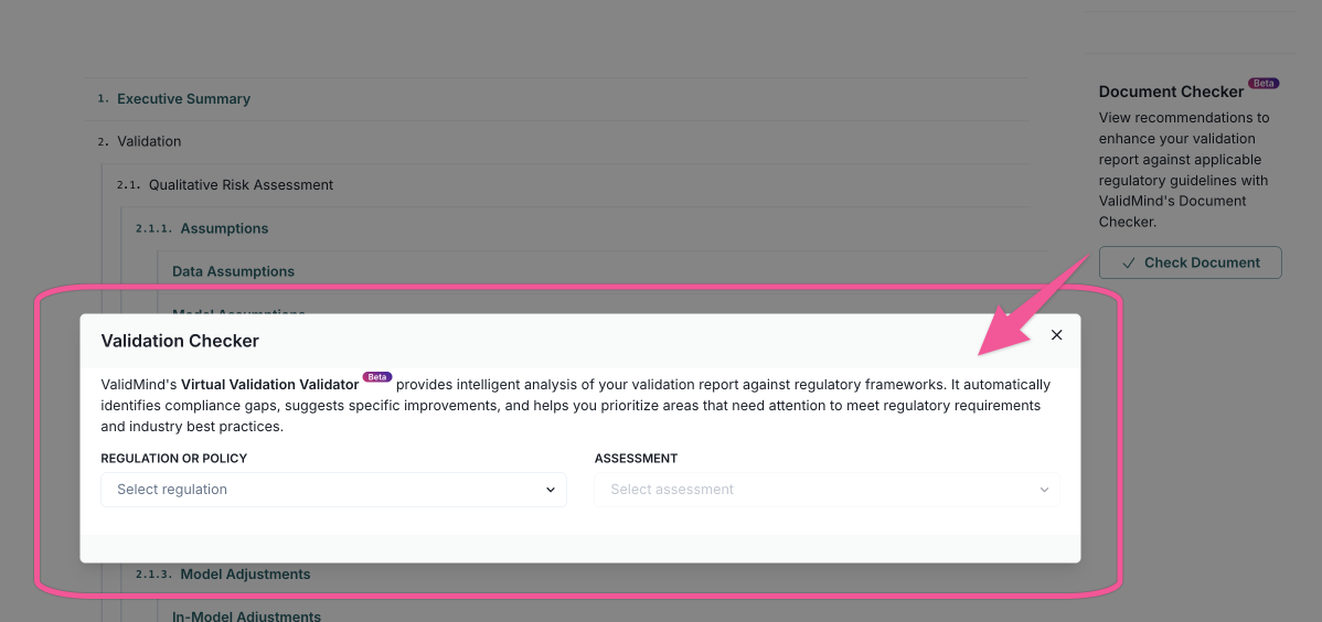 A screenshot of the ValidMind platform showing the document checker on the validation report page.