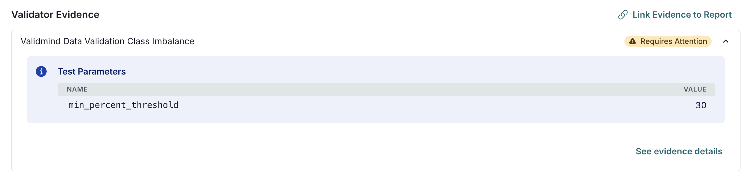 Screenshot showing the ClassImbalance test inserted into the validation report