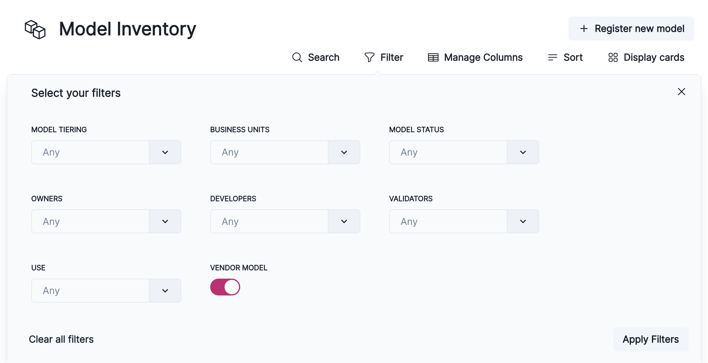 A screenshot showing model inventory filtering options