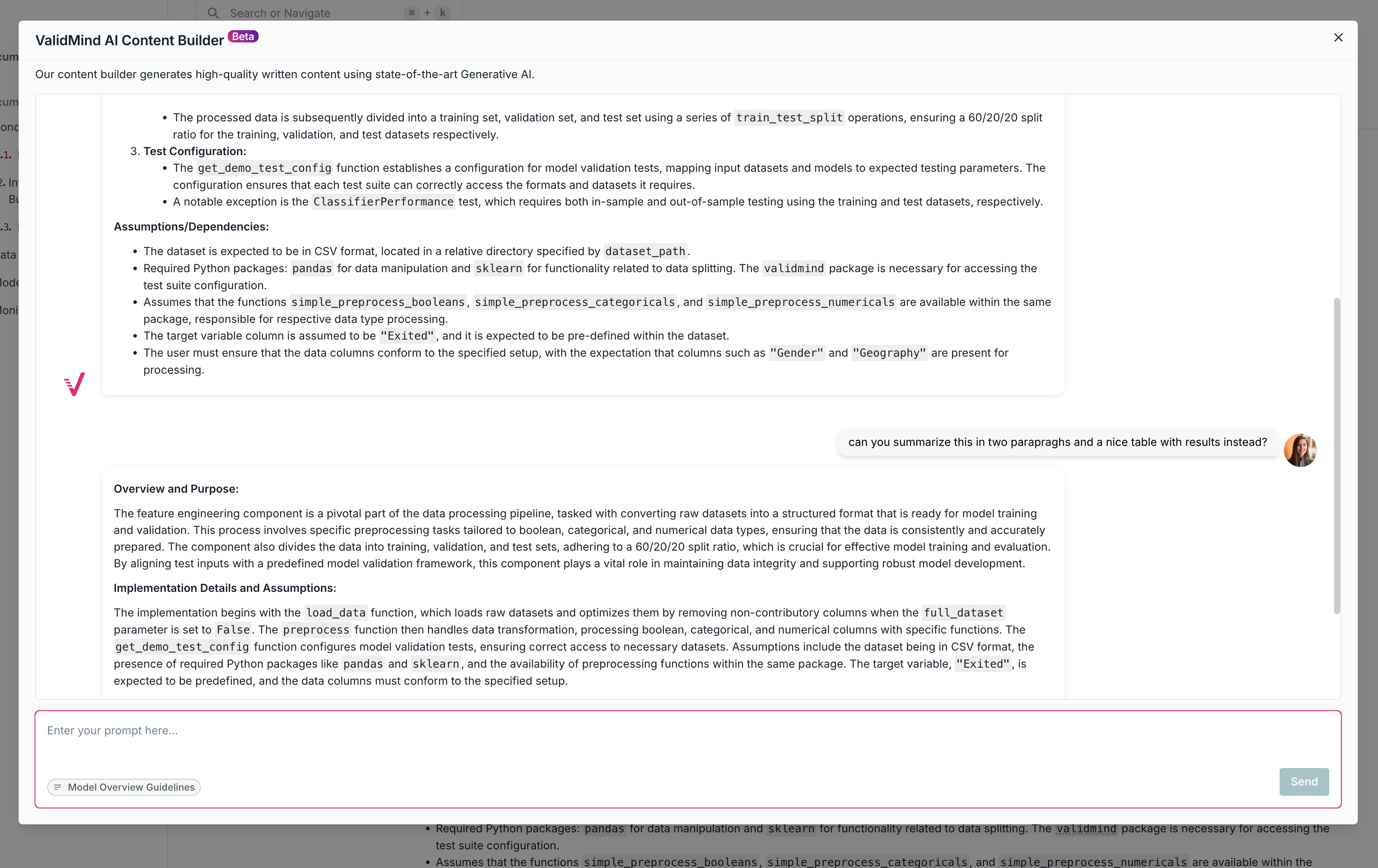 A user interface of the ValidMind AI Content Builder is displayed, featuring a text editor on the left with a paragraph of text and a sidebar on the right. The sidebar contains a section titled Overview and Purpose with a text box for input and a pink button labeled Model Overview Guidelines at the bottom. The main text editor includes a highlighted paragraph with a checkmark next to it, indicating a selected section. The interface uses a clean, modern design with a light gray background and black text, emphasizing readability and organization.