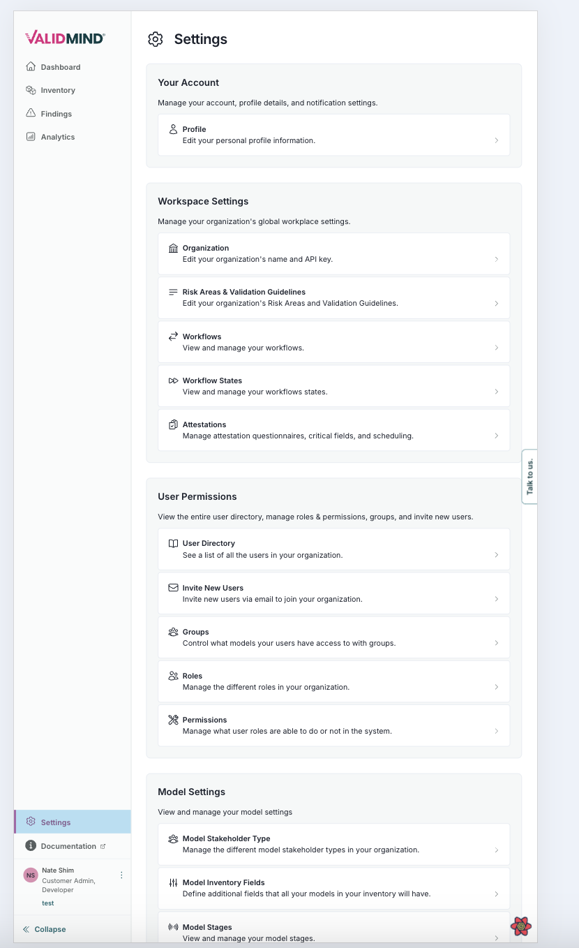 A user interface for a settings page titled Settings with a sidebar on the left and a main content area on the right. The sidebar includes menu items such as Dashboard, Reports, Inventory, and Analytics, with a section for Documentation and Support at the bottom. The main content area is divided into sections: Your Account with options for Profile and Organization, Workspace Settings with options like Organization, Risk Areas & Validation Guidelines, Workflows, and more, User Permissions with options for Manage Users, Invite New Users, and Roles, and Model Settings with options like Model Stakeholders and Model Stages. Each section has expandable items indicated by downward arrows, and the interface uses a light color scheme with blue accents for interactive elements. A gear icon is present on the right side for additional settings.