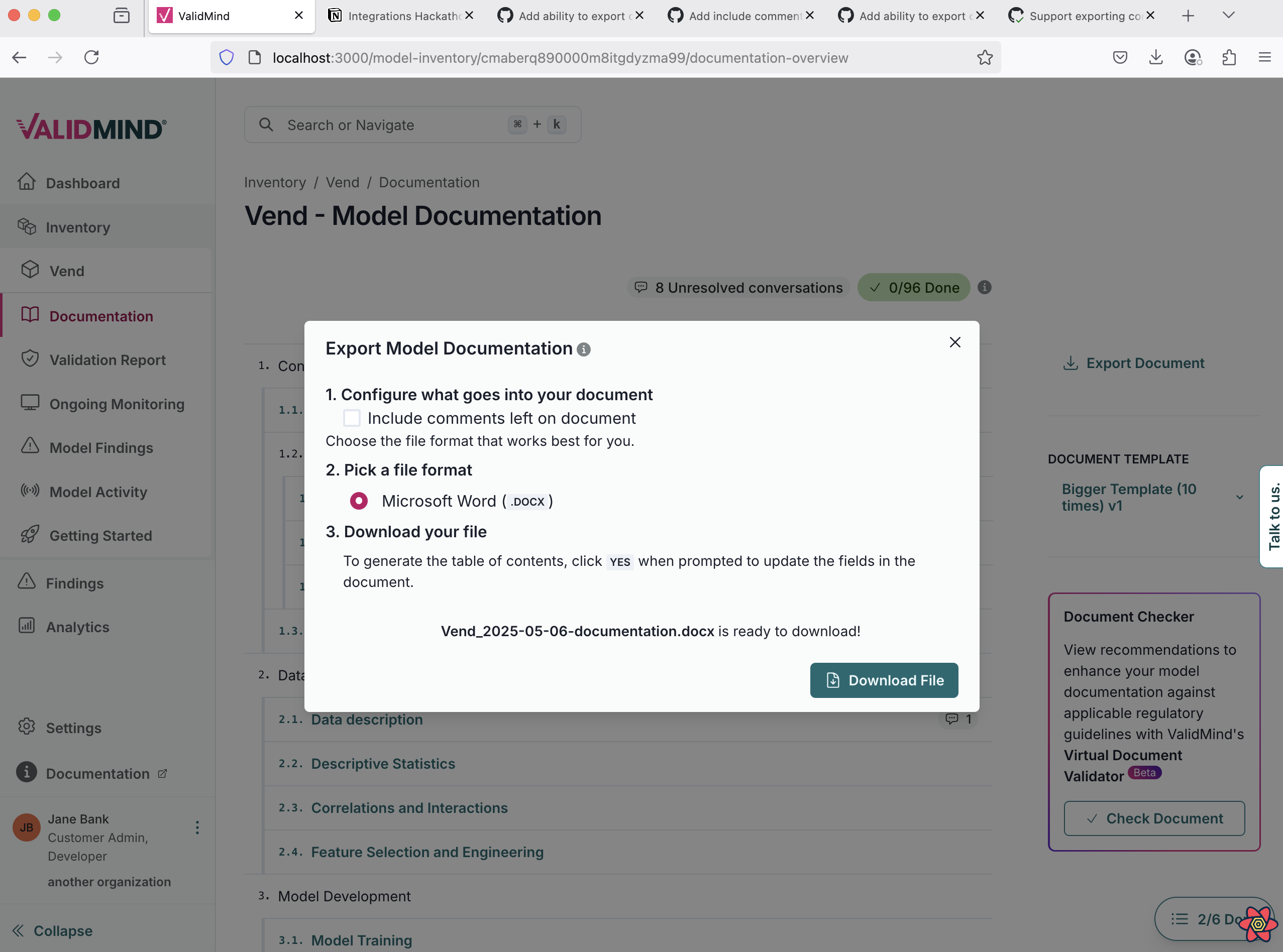 A web interface displaying a documentation export dialog for Vend - Model Documentation. The dialog is centered over a page with a sidebar menu on the left showing options like Dashboard, Inventory, and Documents. The dialog has three steps: configure document options with checkboxes, pick a file format with options for PDF or Microsoft Word, and download the file with a green Download File button at the bottom. The background shows a list of documentation sections with titles like Introduction and Data Preparation. The interface uses a clean layout with a white background and green accents for buttons and progress indicators.