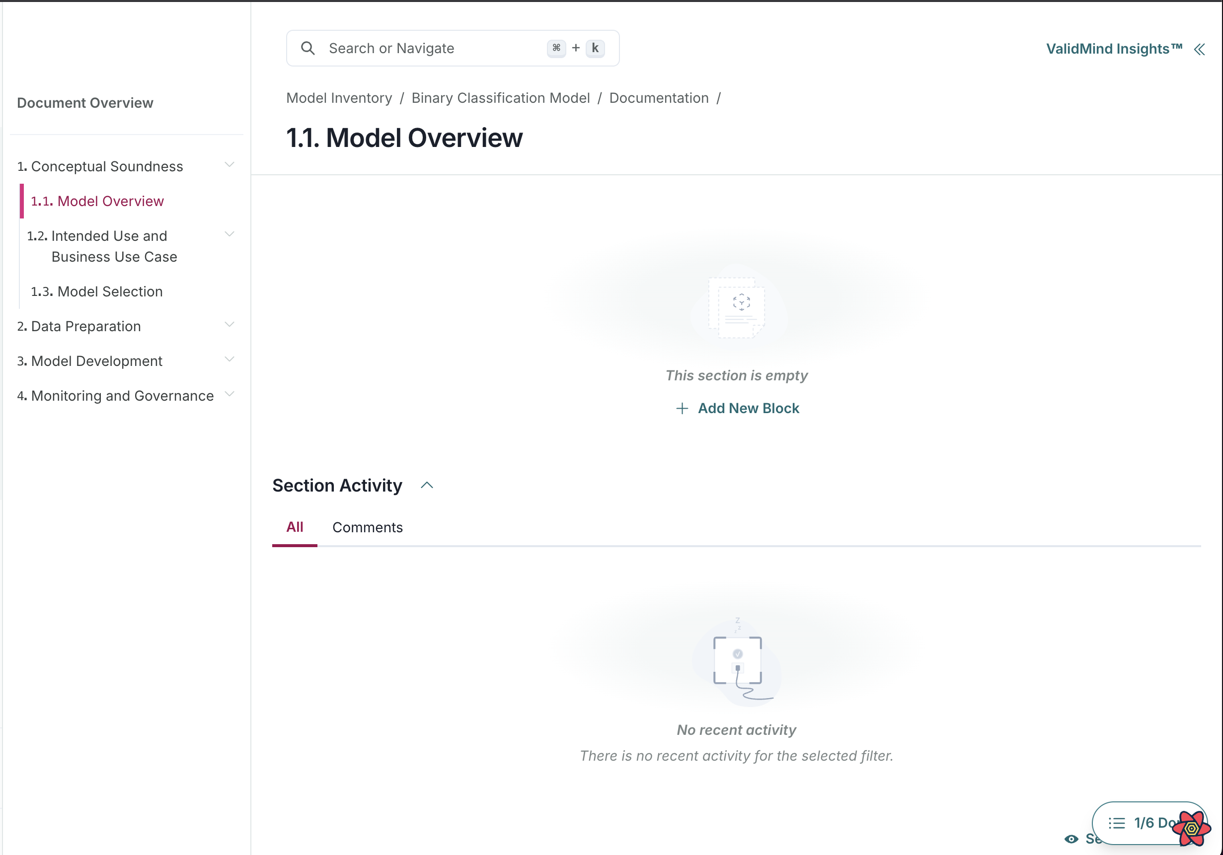 A web interface displaying a documentation page titled Model Overview with a breadcrumb navigation path above it indicating Model Inventory, Binary Classification Model, and Documentation. The left sidebar contains a vertical menu with sections including Conceptual Soundness, Model Overview, and others, with Model Overview highlighted in red. The main content area shows a message stating This section is empty with an option to Add New Block below it. Below, there is a Section Activity area with tabs for All and Comments, currently showing no recent activity. The top right corner features a ValidMind Insights logo.