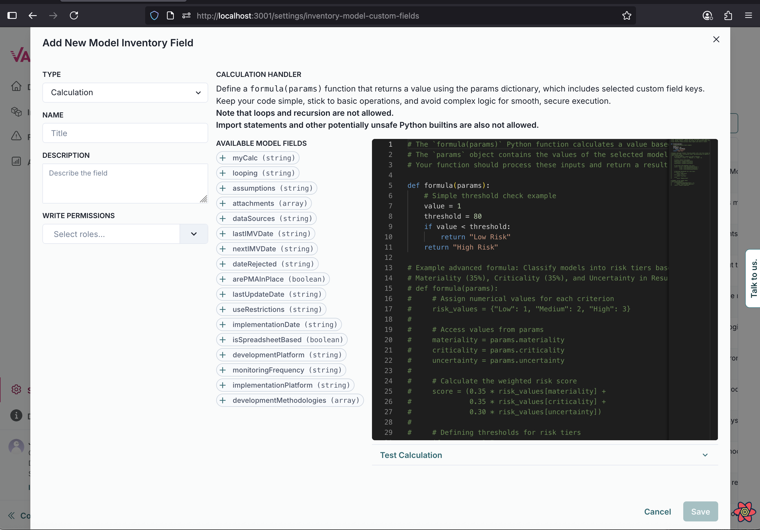 A web interface titled Add New Model Inventory Field is displayed, featuring a form with fields for entering details about a new calculation. On the left, there are three sections: Name, Description, and Write Permissions, each with input fields. The right side contains a code editor with a dark background, showing Python code for defining a calculation handler. Below the code editor, there is a button labeled Test Calculation. At the bottom right corner, there are Cancel and Save buttons. The interface uses a clean layout with a white background and blue accents for buttons and input fields.