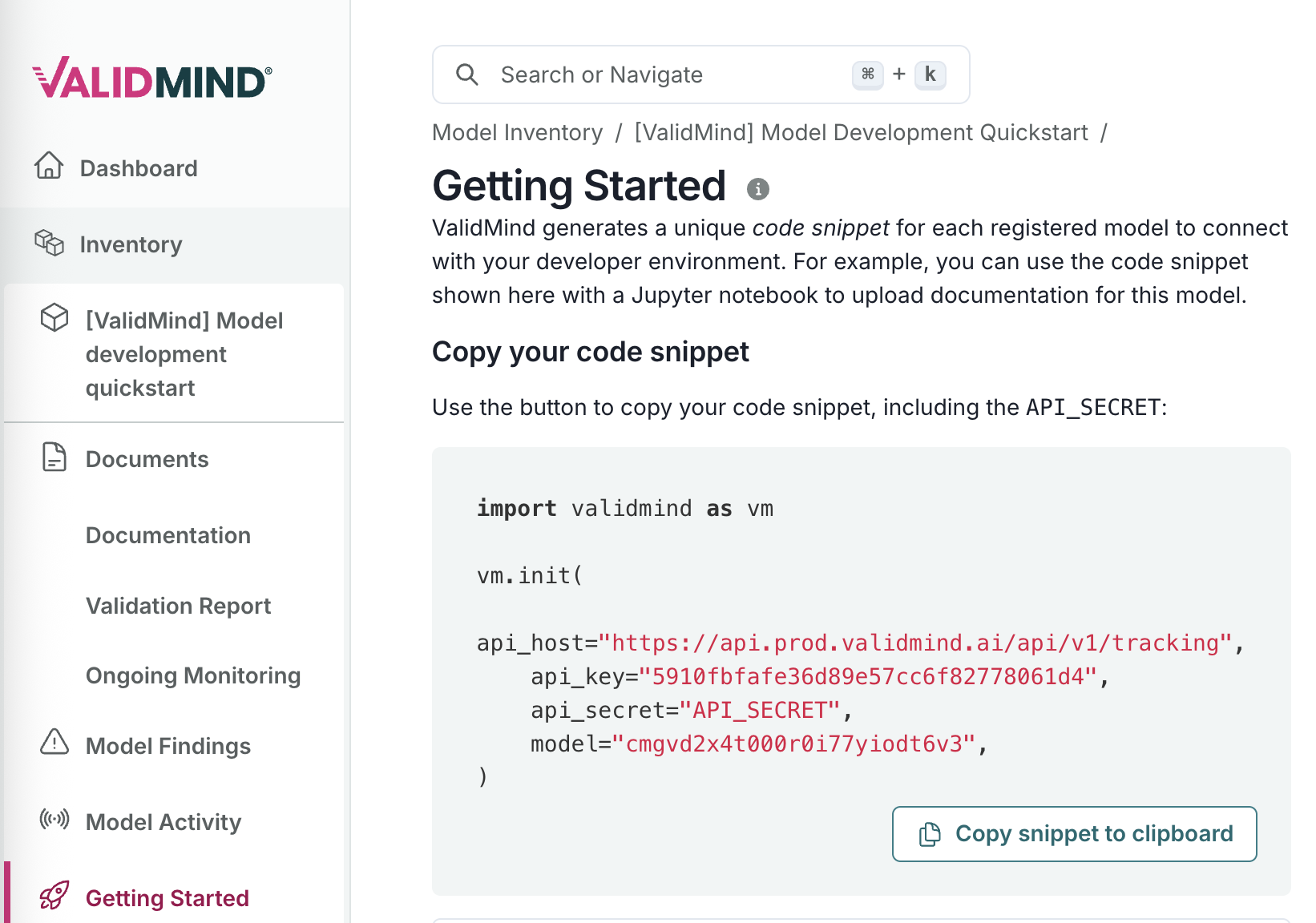 A screenshot showing the Getting Started page with a sample code snippet