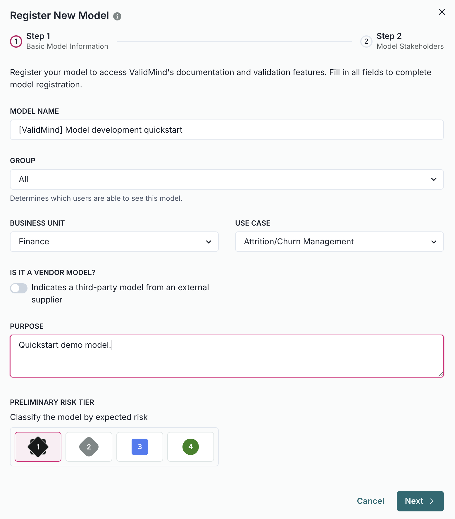 A screenshot showing the registration modal with the options filled out for the model development quickstart
