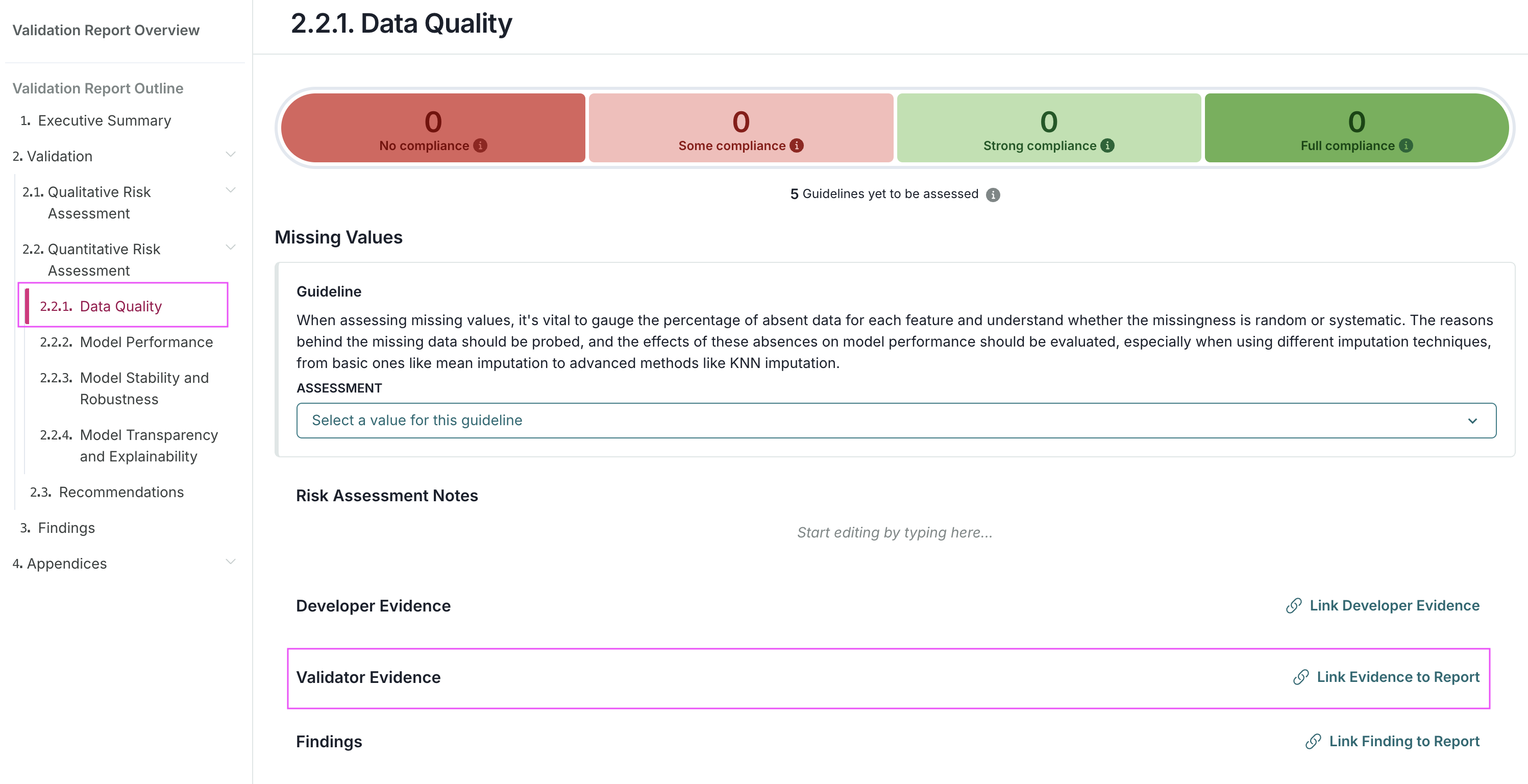 Screenshot showing the validation report with the link validator evidence to report option highlighted