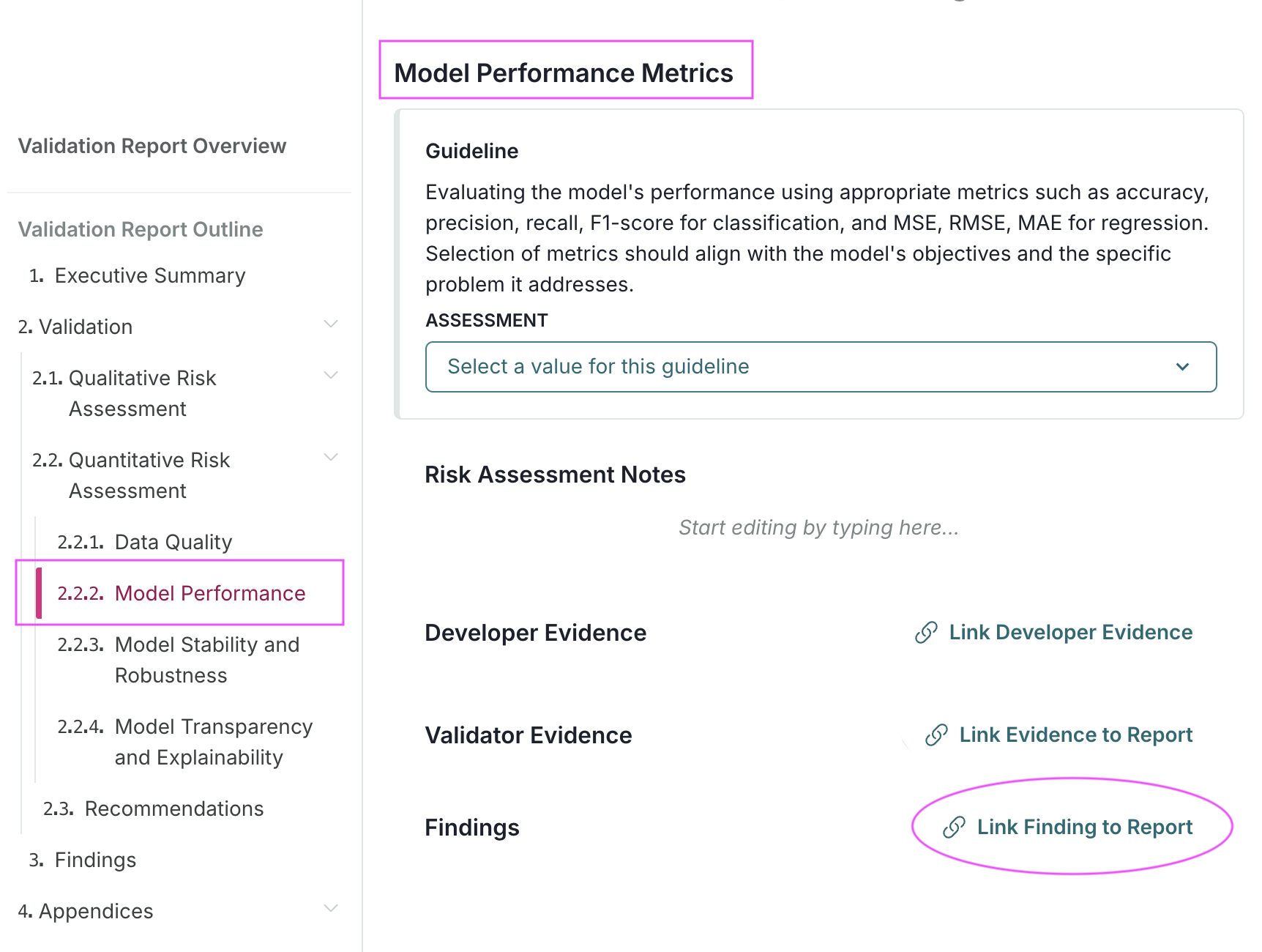 Screenshot showing the validation report with the link finding option highlighted