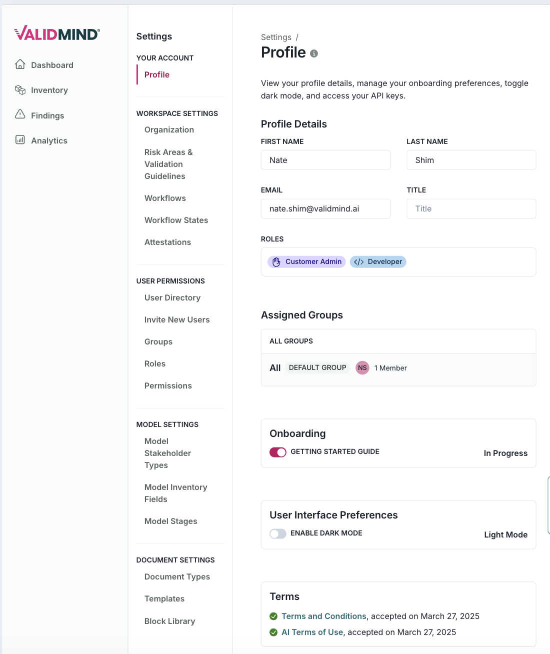 The image shows a user interface for a profile settings page on a platform named ValidMind. On the left, there is a vertical navigation menu with options: Dashboard, Inventory, and Analytics. The main section is titled Settings with a subheading Profile, followed by a description about managing profile details and preferences. The Profile Details section includes fields for first name, last name, email, and title, with sample data filled in. Below, there are sections for Assigned Groups, Onboarding status with a progress indicator, User Interface Preferences with a dark mode toggle, and Terms with a link to terms and conditions.