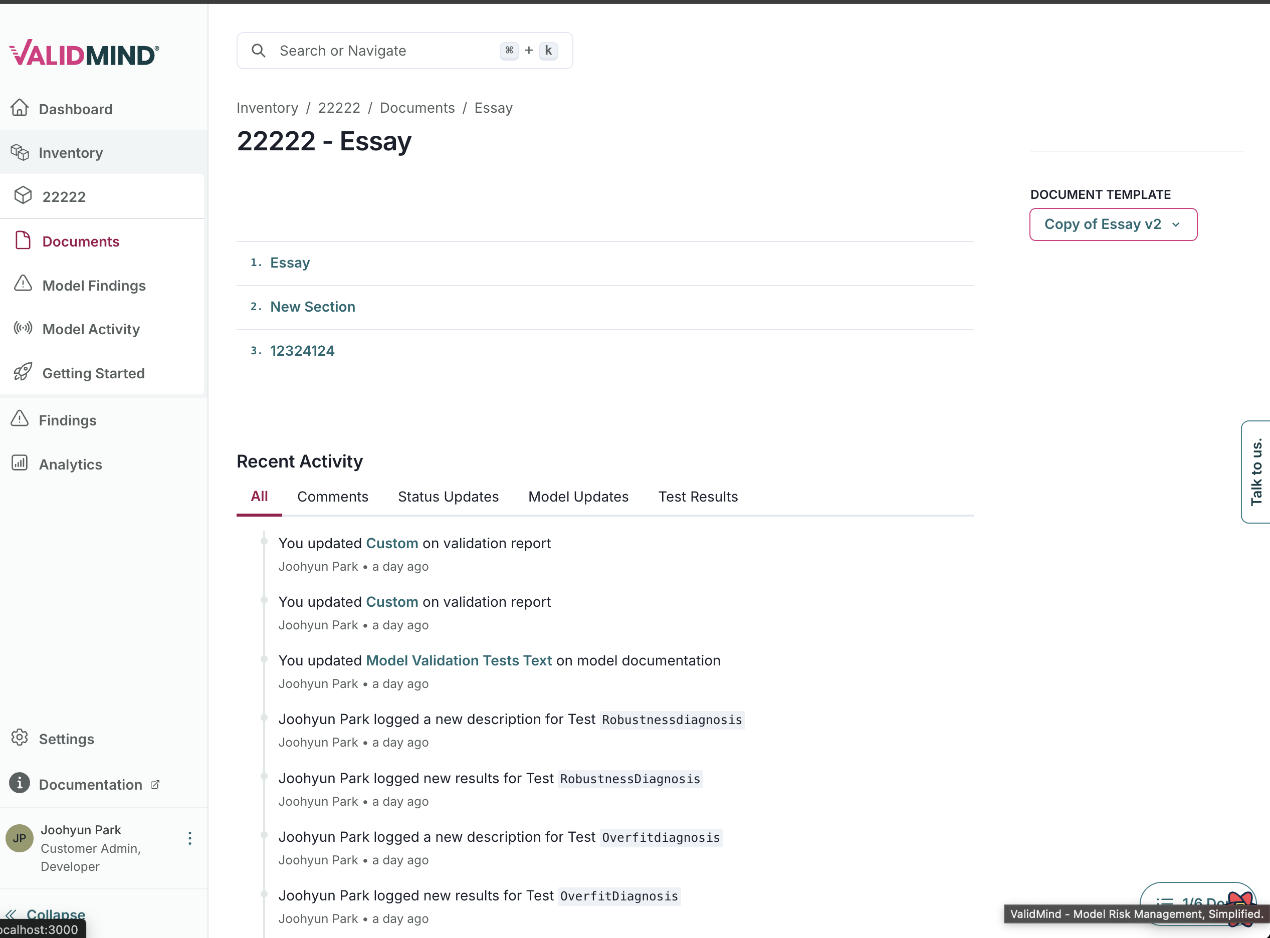 The image shows a web interface for a document management system with a sidebar on the left and a main content area on the right. The sidebar contains navigation items including Dashboard, Inventory, Documents, Model Findings, Model Activity, and Getting Started, with Documents highlighted in red. The main content area displays a document titled 22222 - Essay with sections labeled Essay, New Section, and 1234214, and a Recent Activity section below showing a list of user actions with timestamps. The top right corner has a document template section with a button labeled Copy of Essay. The interface uses a clean layout with a white background and black text, with red accents for highlights and active elements.