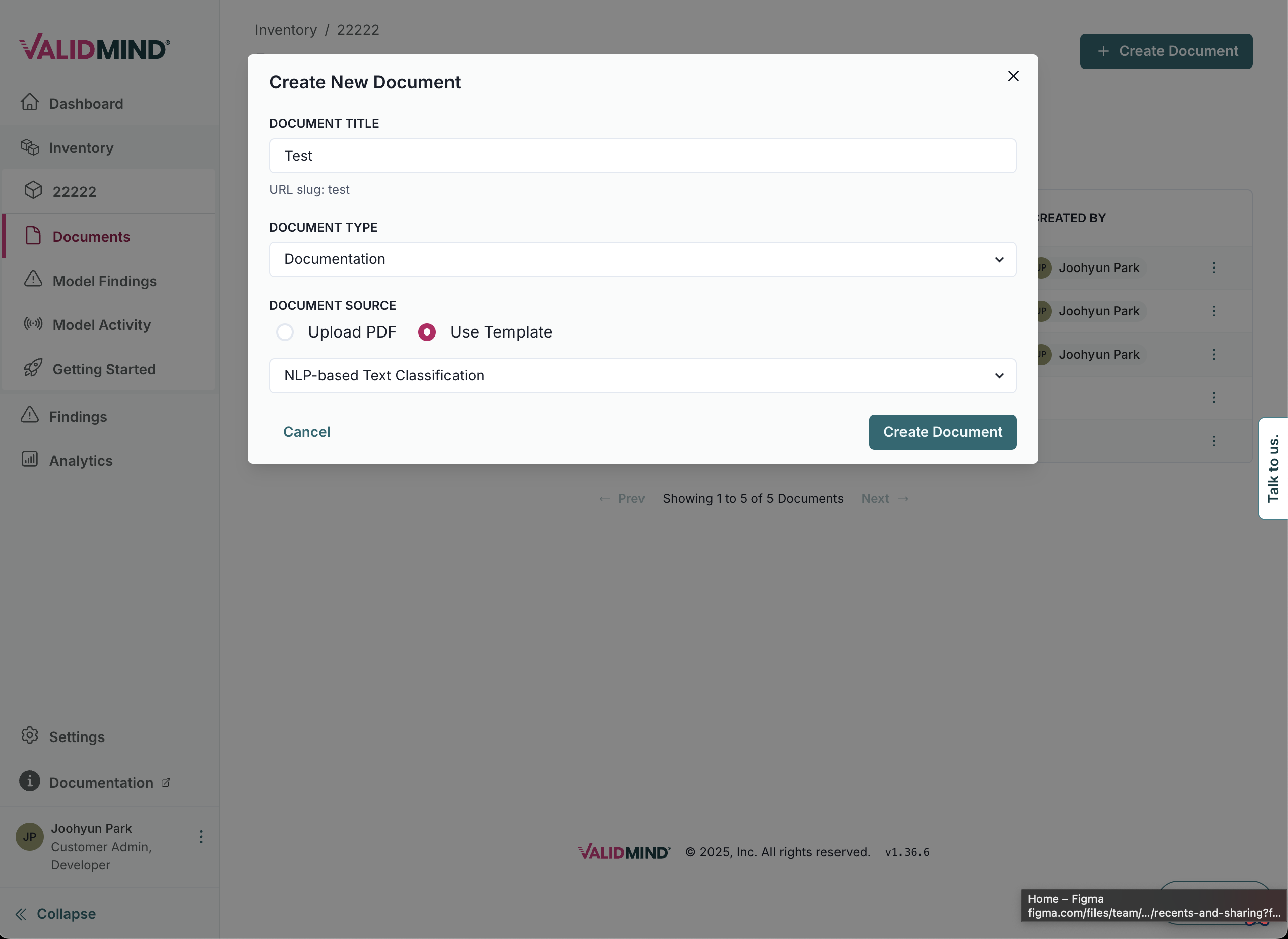 A web interface displaying a modal titled Create New Document in the center. The modal contains fields for Document Title with the text Test, and Document Type with a dropdown showing Documentation. Below, there are options for Document Source with radio buttons for Upload PDF and Use Template, with Use Template selected. At the bottom right of the modal is a teal Create Document button. The background shows a sidebar on the left with menu items including Inventory, Documents, and Analytics, and a list of documents with columns for Name and Created By.
