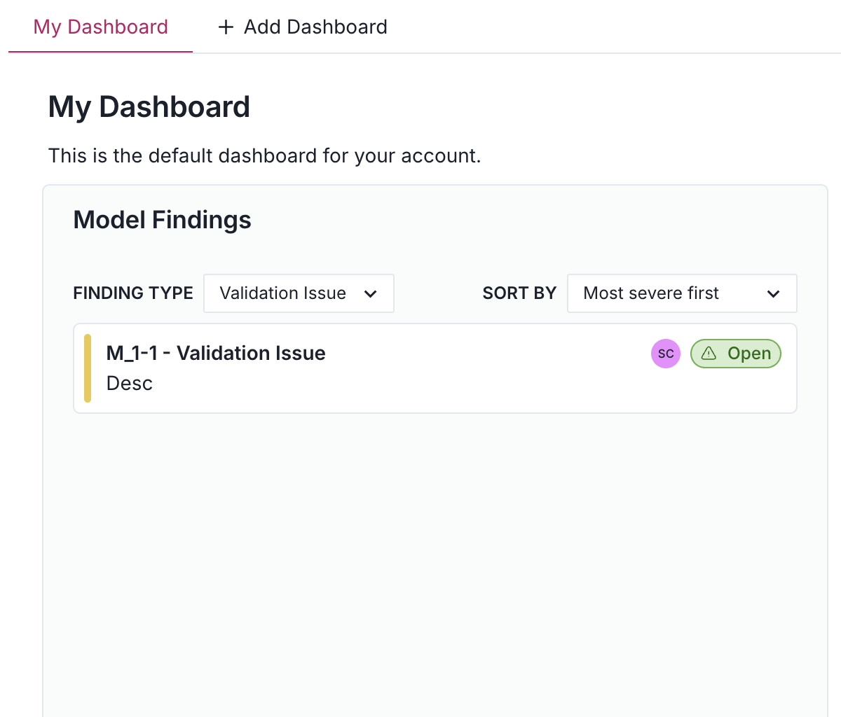 A web page displaying a section titled Finding Types in the dashboard. The section contains a list of finding types, each with a name, description, and status. The section has a plus icon for adding a new finding type.