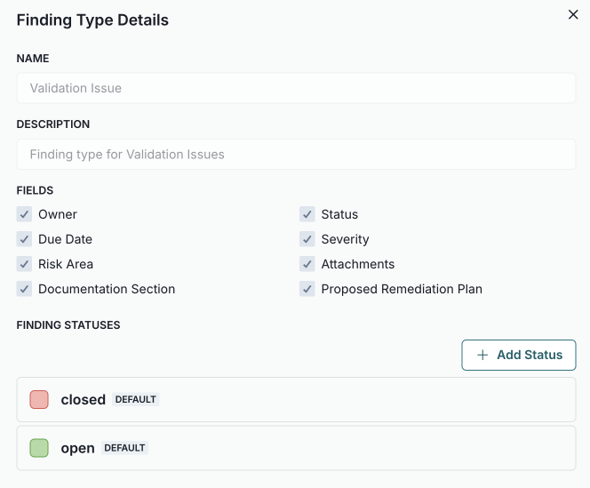 A web page displaying a section titled Finding Types in the details page. The section contains a list of finding types, each with a name, description, and status. The section has a plus icon for adding a new finding type.