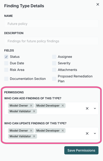 A screenshot of the Finding Type Details modal with the permissions section highlighted.