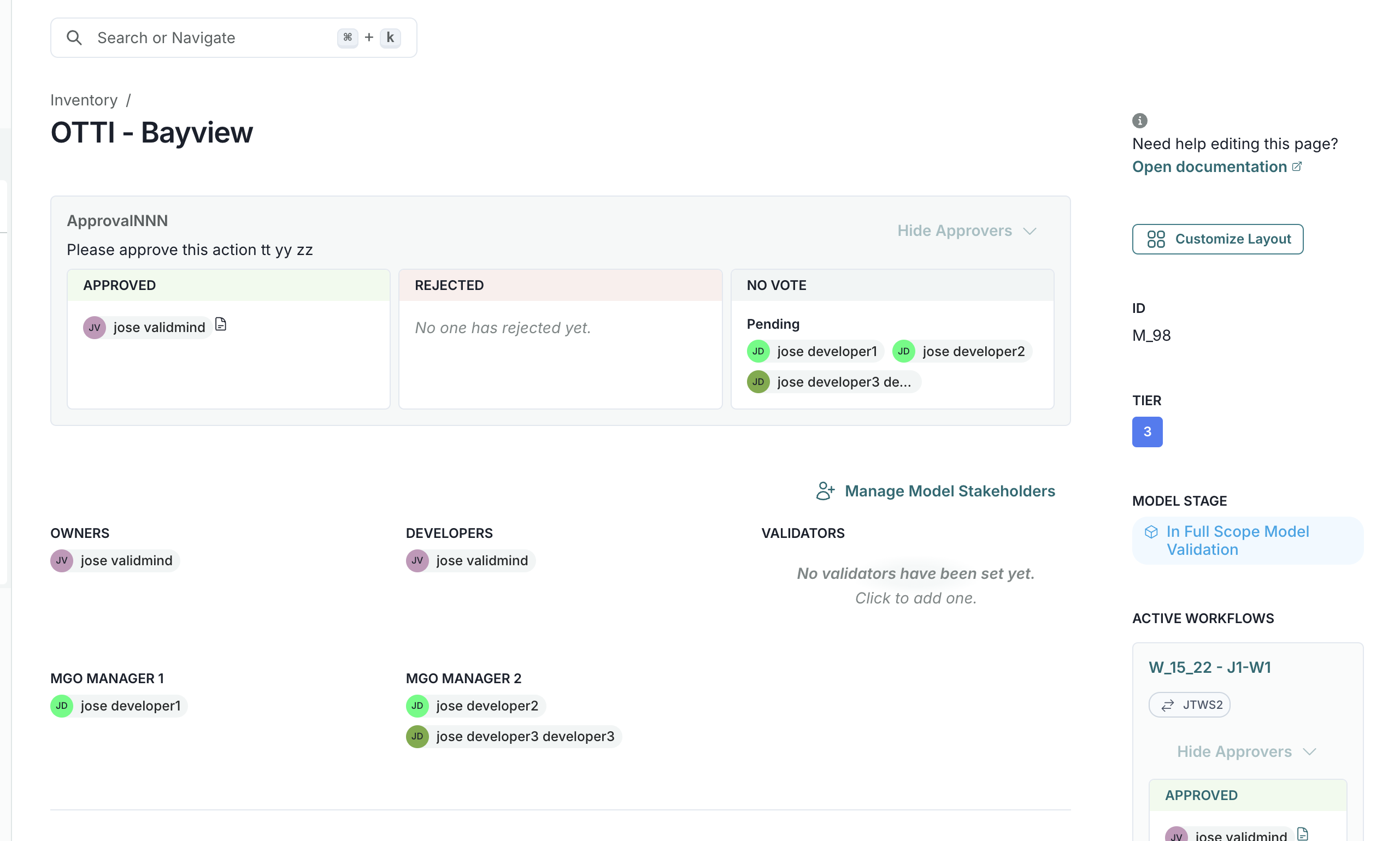 A dashboard interface titled OTTI - Bayview displays an approval workflow. At the top, a search bar is positioned on the left, and a help link on the right. Below, there are three columns labeled Approved, Rejected, and No Vote, each containing user names like jose valdimir01 and jose developer2. A Manage Model Stakeholders section lists Managers, Developers, and Validators with names such as MGO Manager 1 and developer3 developer3. On the right, a sidebar includes a button labeled Customize Layout, a section titled In Full Scope Model Validation, and a widget showing a model ID labeled M_98.