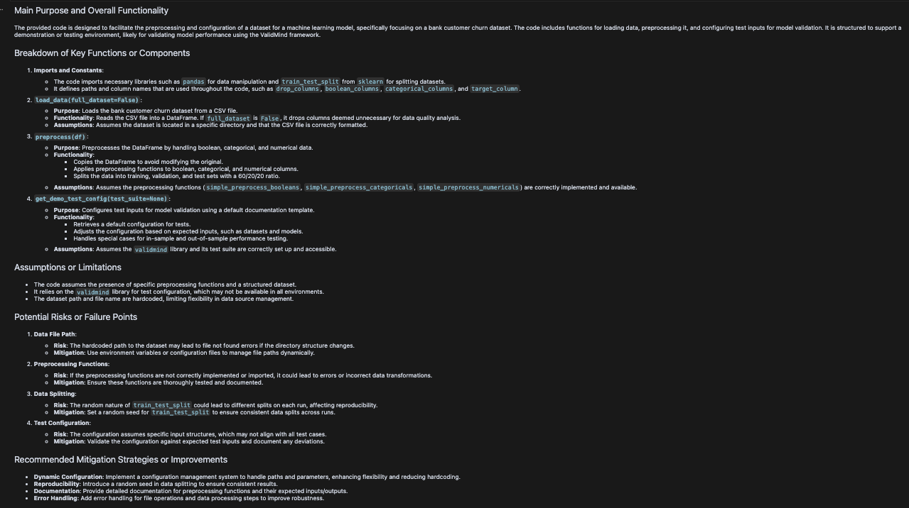 A dark-themed document titled Main Purpose and Overall Functionality outlines the configuration of a tool for machine learning model management. The document is structured with headings and bullet points, detailing sections such as Breakdown of Key Functions or Components, Assumptions or Limitations, and Potential Risks or Failure Points. Key functions include data ingestion, preprocessing, and model deployment, with specific tasks like data validation and feature extraction. Assumptions cover data availability and model performance, while risks address data quality issues and model drift. The document concludes with a section on Recommended Mitigation Strategies or Improvements, suggesting enhanced data validation and monitoring practices.