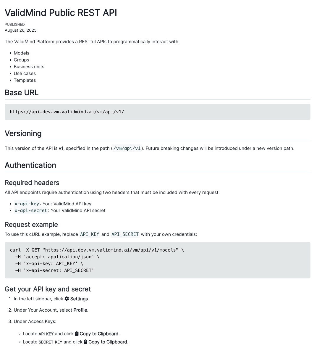 A web page displaying the landing page of the new ValidMind public REST API reference. The same content can be found using the link to the API reference in this section.