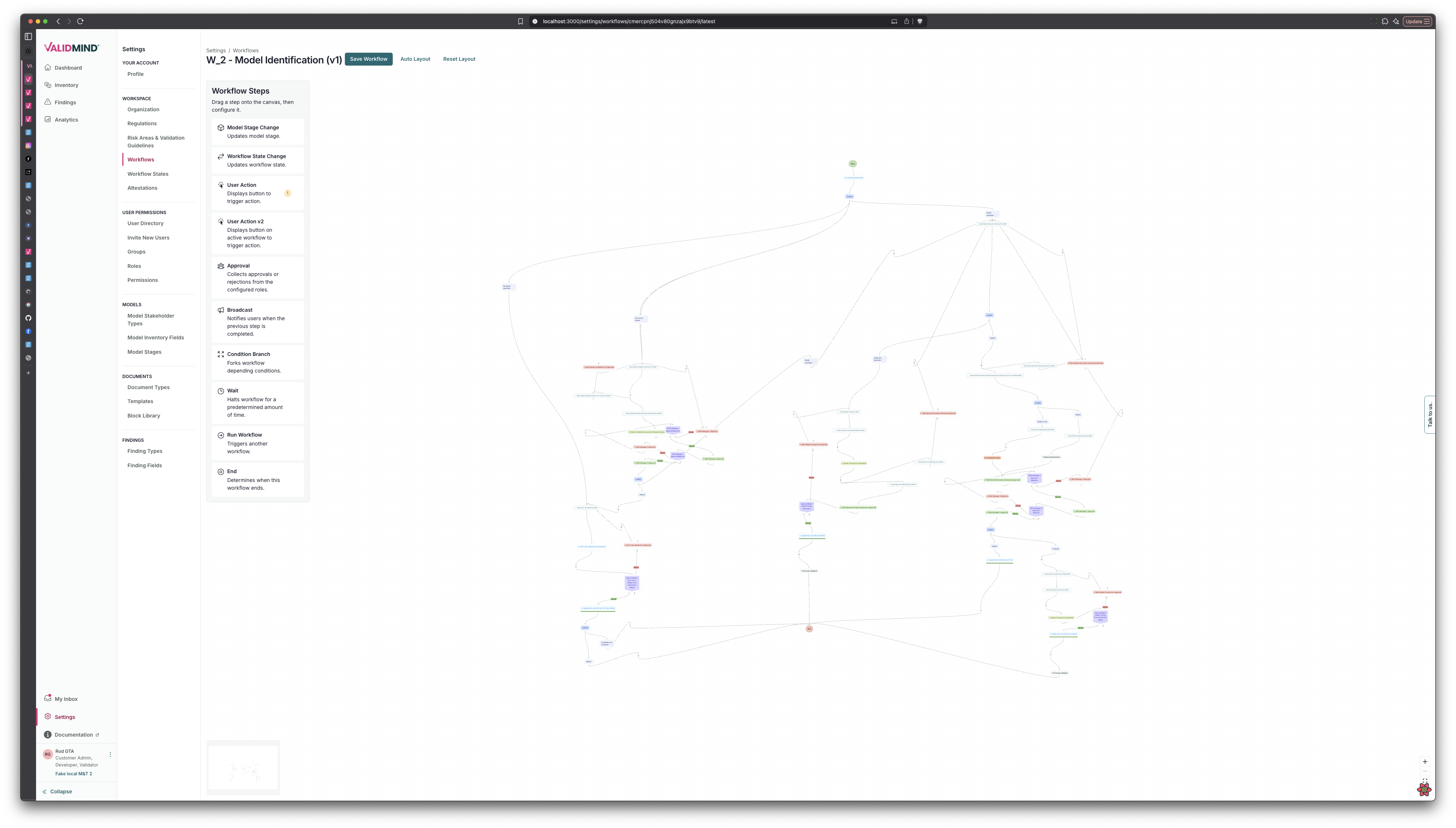 A complex workflow diagram is displayed on a white background, showing interconnected nodes with lines indicating flow between them. The nodes are color-coded in green, orange, blue, and red, each representing different stages or actions within the workflow. On the left side, a vertical menu lists options such as Dashboard, Projects, and Settings, with the current selection highlighted. Above the diagram, a header bar includes navigation breadcrumbs and a button labeled Edit Workflow. To the left of the diagram, a panel titled Workflow Details provides information about the workflow, including its name and status, with options to view history and settings.