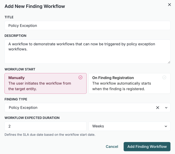A screenshot that shows how to add a new workflow for findings with Settings > Workflows > + Add Finding Workflow.