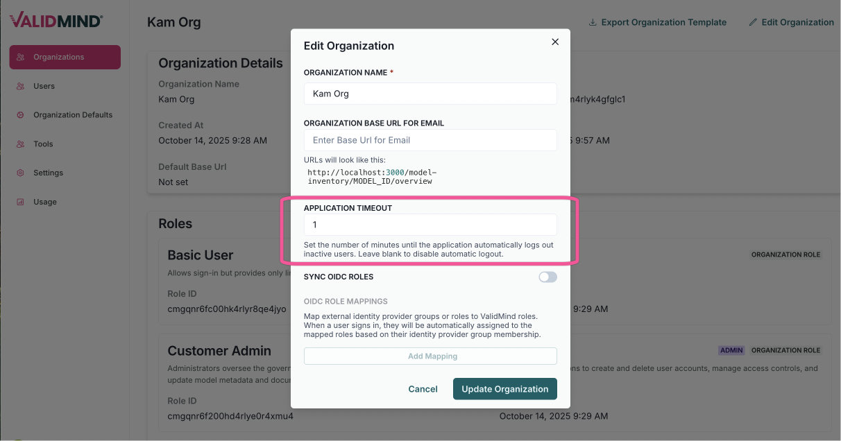 A user interface displaying an Edit Organization form in the center, with fields for Organization Name, Organization Base URL for Email, and Application Timeout. The form includes a Cancel button and a green Update Organization button at the bottom. On the left, a sidebar menu lists options such as Organizations, with the current selection highlighted in pink. The background shows organization details like name, ID, and creation date, with sections for Roles including Basic User, Customer Admin, and Developer. The top right corner features options to export the organization template.
