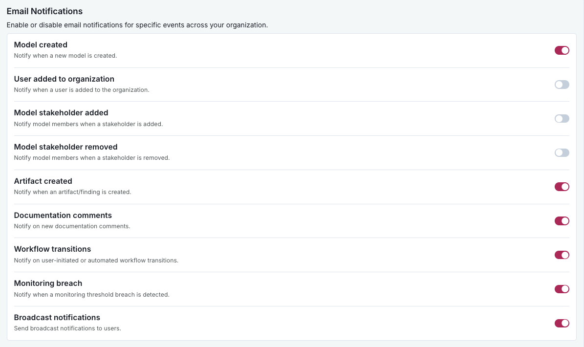 Settings page of the ValidMind application showing two tabs (General and Configuration), with Configuration active. Under Authentication, there are toggle switches for enabling group sync from IDP and OIDC group mappings, plus an Add Mapping button. The Email Notifications section lists notification types with toggles to enable or disable, like User added to organization, Model stakeholder added, and Documentation comments. A Save Changes button appears at the bottom right.
