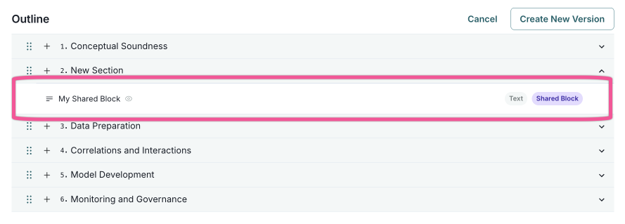 A screenshot of the template editor with a shared block added to a template.