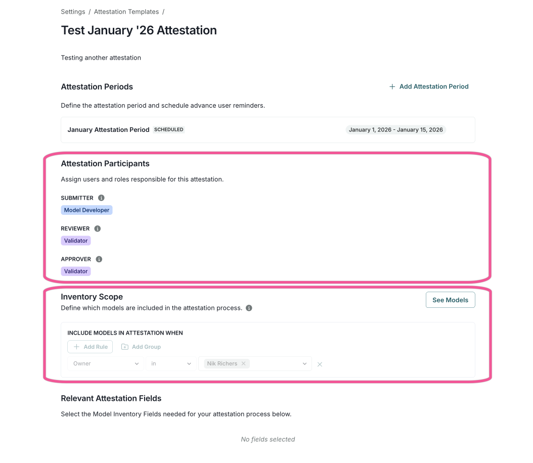 A user interface displaying an attestation template highlighting the Attestation Participants and Inventory Scope sections.