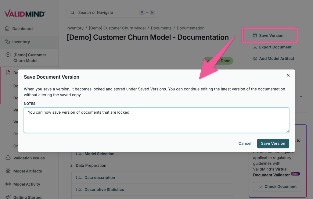 A screenshot of the ValidMind platform showing a document versioning feature. The screenshot displays a document versioning interface with options to create a new version, view version history, and compare versions.
